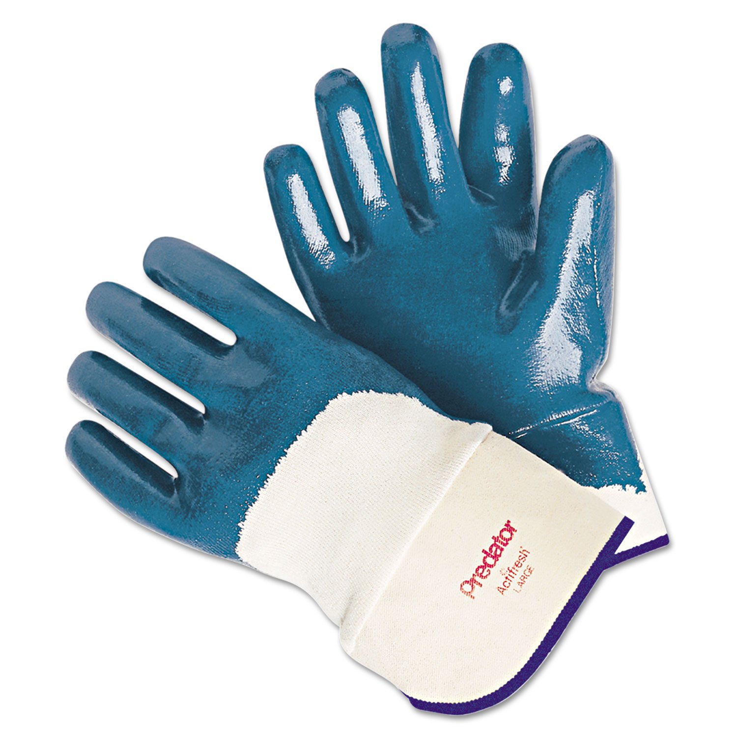 MCR Safety 9760 Predator Supported Nitrile Coated Palm Men's Gloves with Safety Cuff, Smooth, Blue/White, Large, 1-Pair