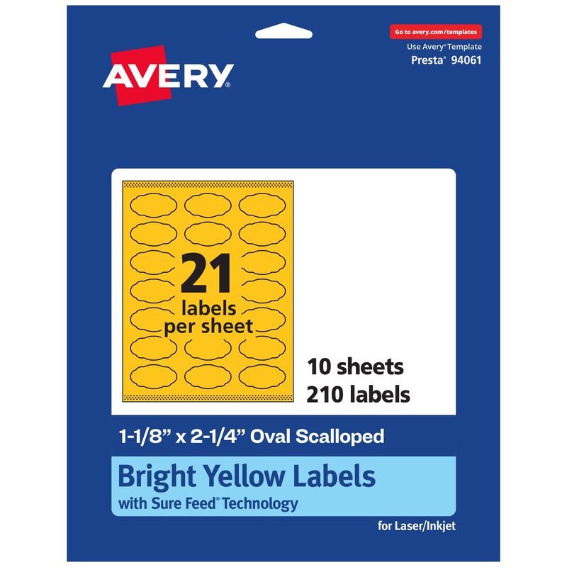 Avery Printable Oval Scalloped Labels, Sure Feed Technology, 1-1/8" x 2-1/4", Bright Yellow, Print-to-the-Edge