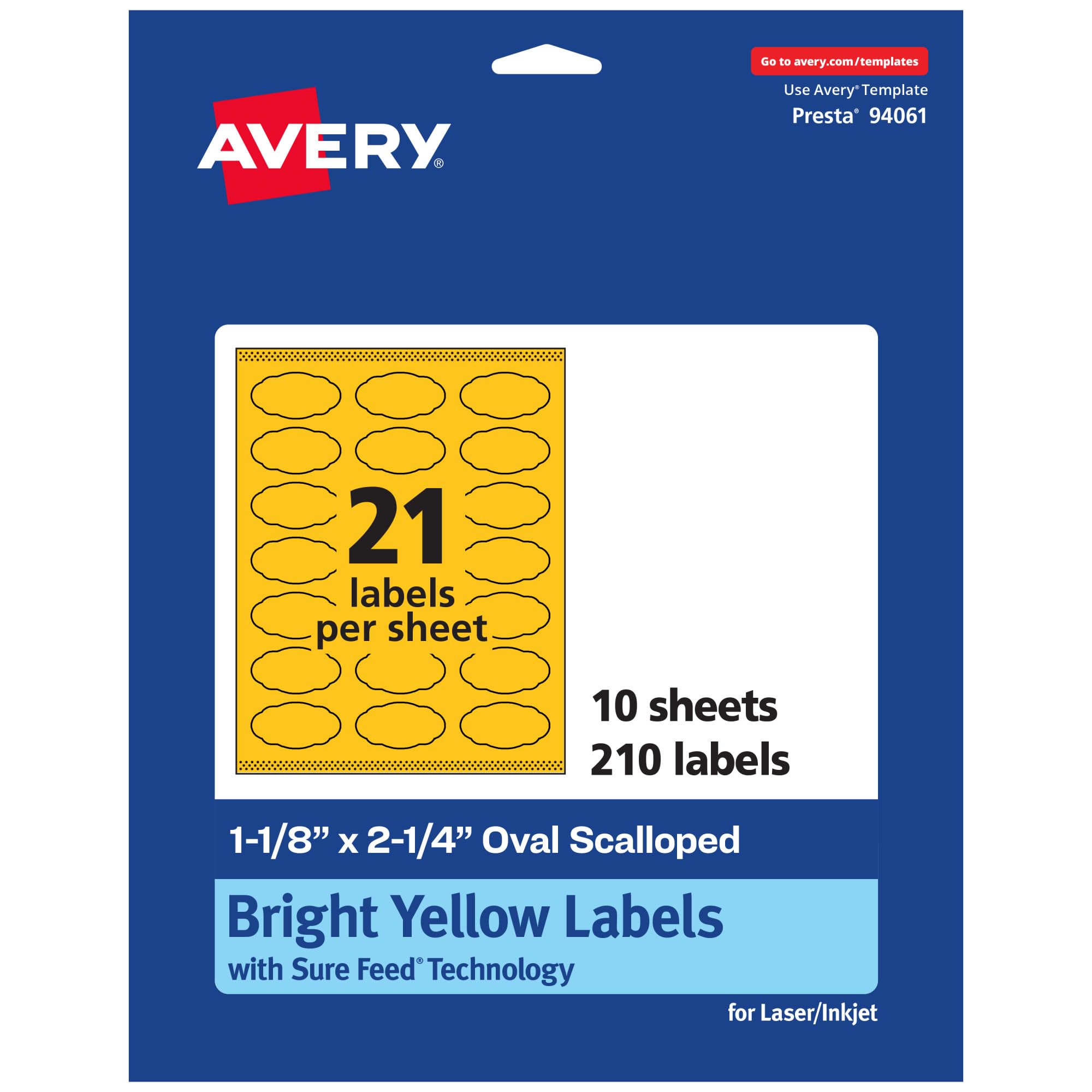 Avery Printable Oval Scalloped Labels, Sure Feed Technology, 1-1/8" x 2-1/4", Bright Yellow, Print-to-the-Edge