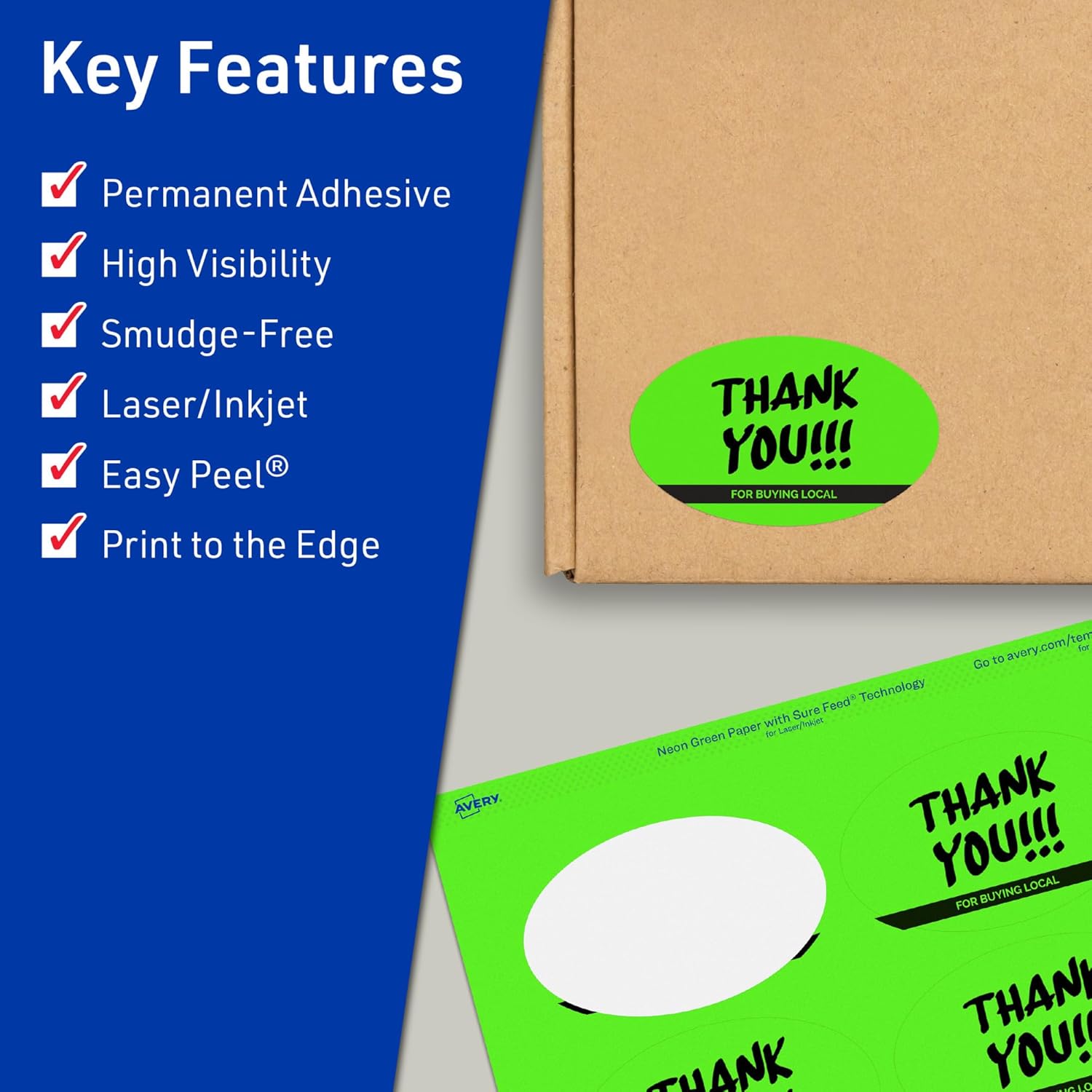 AVERY Neon Green Oval Labels, Sure Feed Technology, 2" x 3-1/3", Print-to-the-Edge, Laser/Inkjet