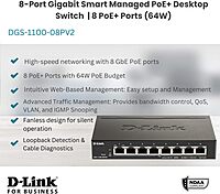 D-Link 8-Port Gigabit Smart Managed PoE+ Switch | 8 PoE+ Ports (64W) |L2| VLANs| Cable Diagnostics | Web Managed | Desktop | Fanless| NDAA Compliant | Lifetime Protection (DGS-1100-08PV2)