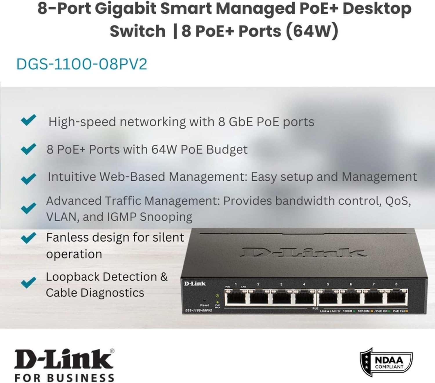 D-Link 8-Port Gigabit Smart Managed PoE+ Switch | 8 PoE+ Ports (64W) |L2| VLANs| Cable Diagnostics | Web Managed | Desktop