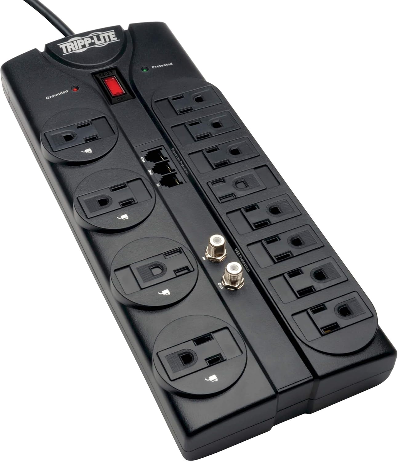 TRIPP LITE 12-Outlet Surge Protector Power Strip with Tel/Modem Protection, 8 ft Right-Angle Cord