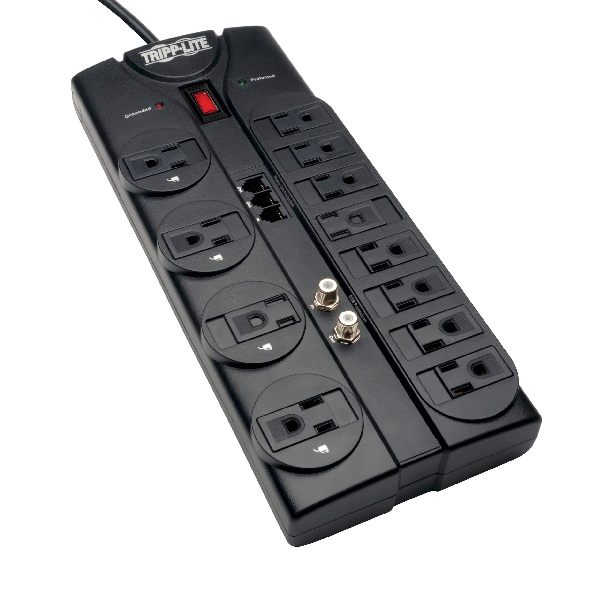 TRIPP LITE 12-Outlet Surge Protector Power Strip with Tel/Modem Protection, 8 ft Right-Angle Cord