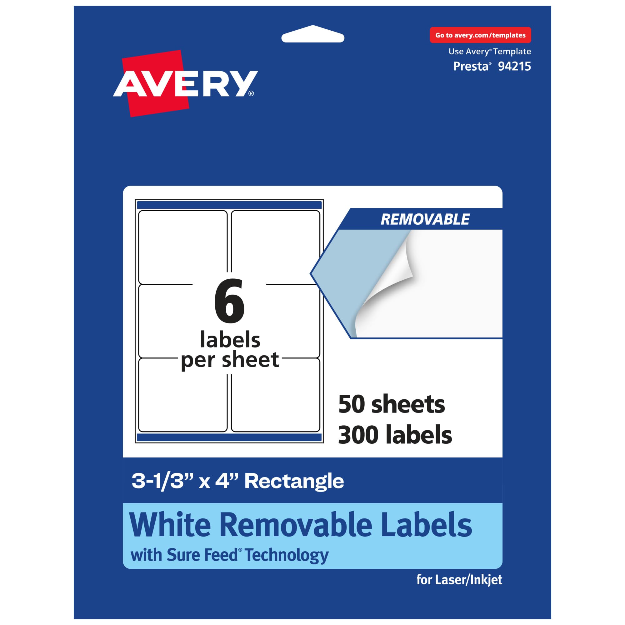 AVERY Matte White Removable Rectangle Labels, Sure Feed Technology, 3-1/3" x 4"