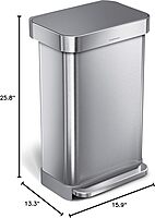simplehuman 45 Liter / 12 Gallon Liter Rectangular Hands-Free Kitchen Step Trash Can with Soft-Close Lid, Brushed Stainless Steel with Plastic Lid Gray Plastic Lid 45 Liter