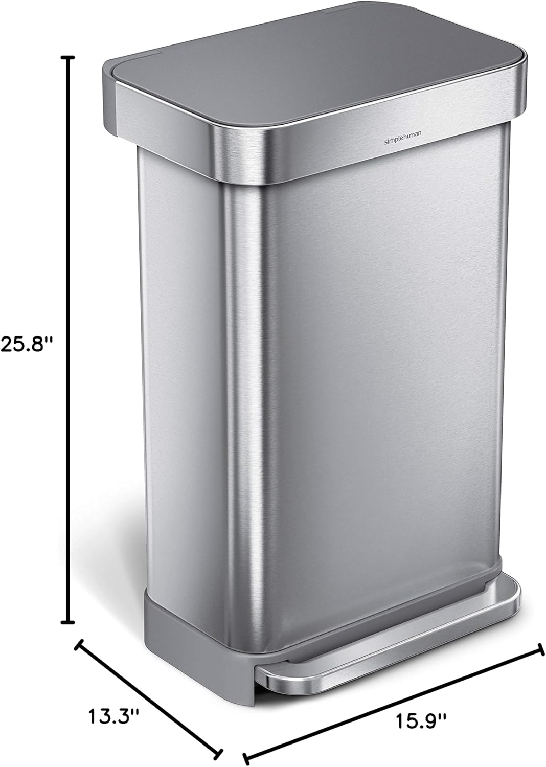 simplehuman 45 Liter / 12 Gallon Liter Rectangular Hands-Free Kitchen Step Trash Can with Soft-Close Lid, Brushed Stainless Steel with Plastic Lid Gray Plastic Lid 45 Liter