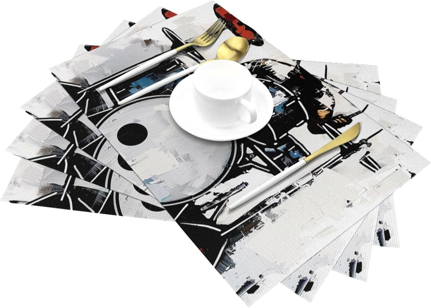 Drummer Printed PVC Woven Placemats Set of 4 PCS - Heat Resistant Cloth Place Mats Kitchen Dining Table Mat