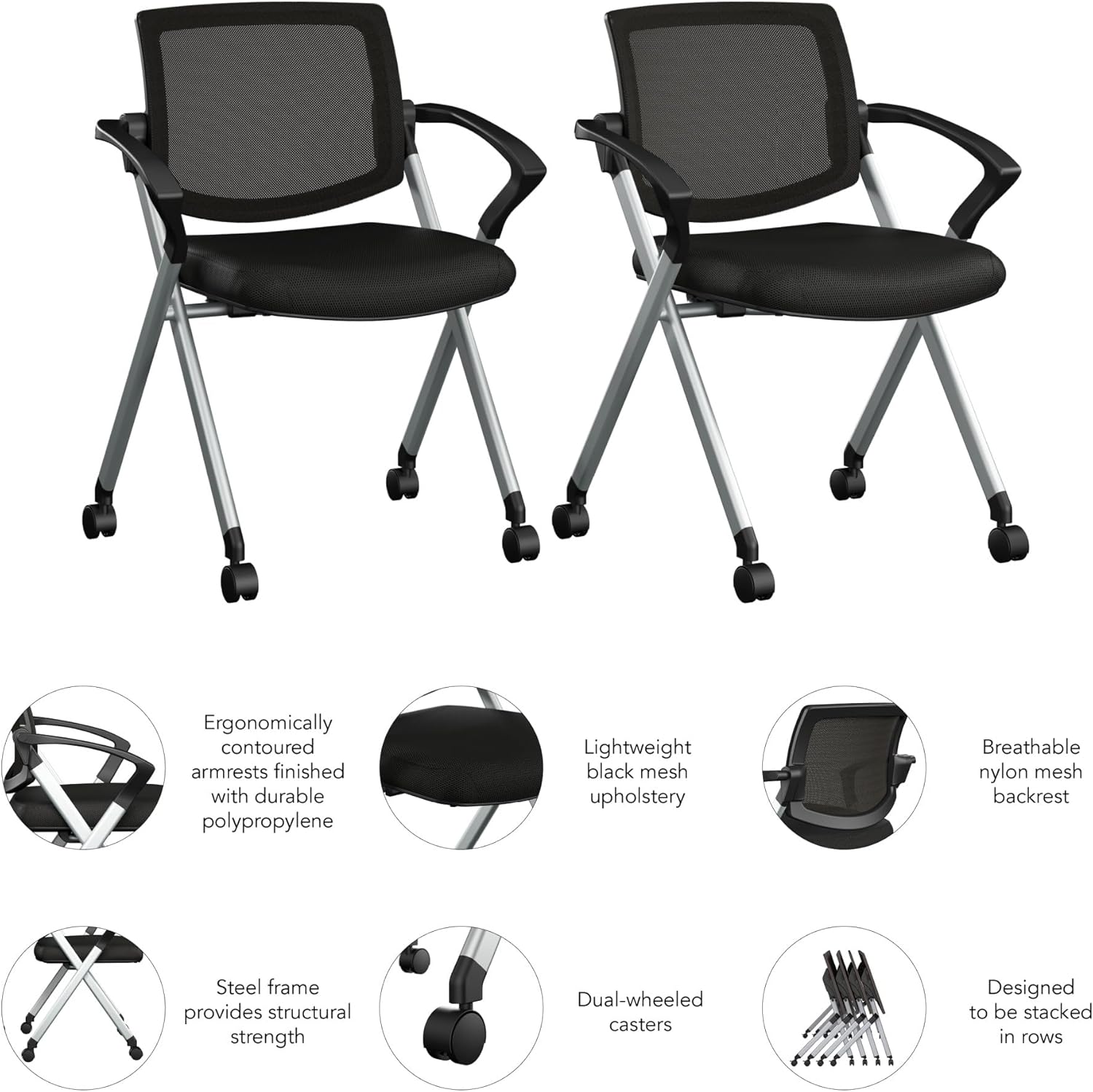 Bush Business Furniture Folding Chairs with Arms - Set of 2, Commercial-Grade Guest Mesh Back Seating for Office, Banquet