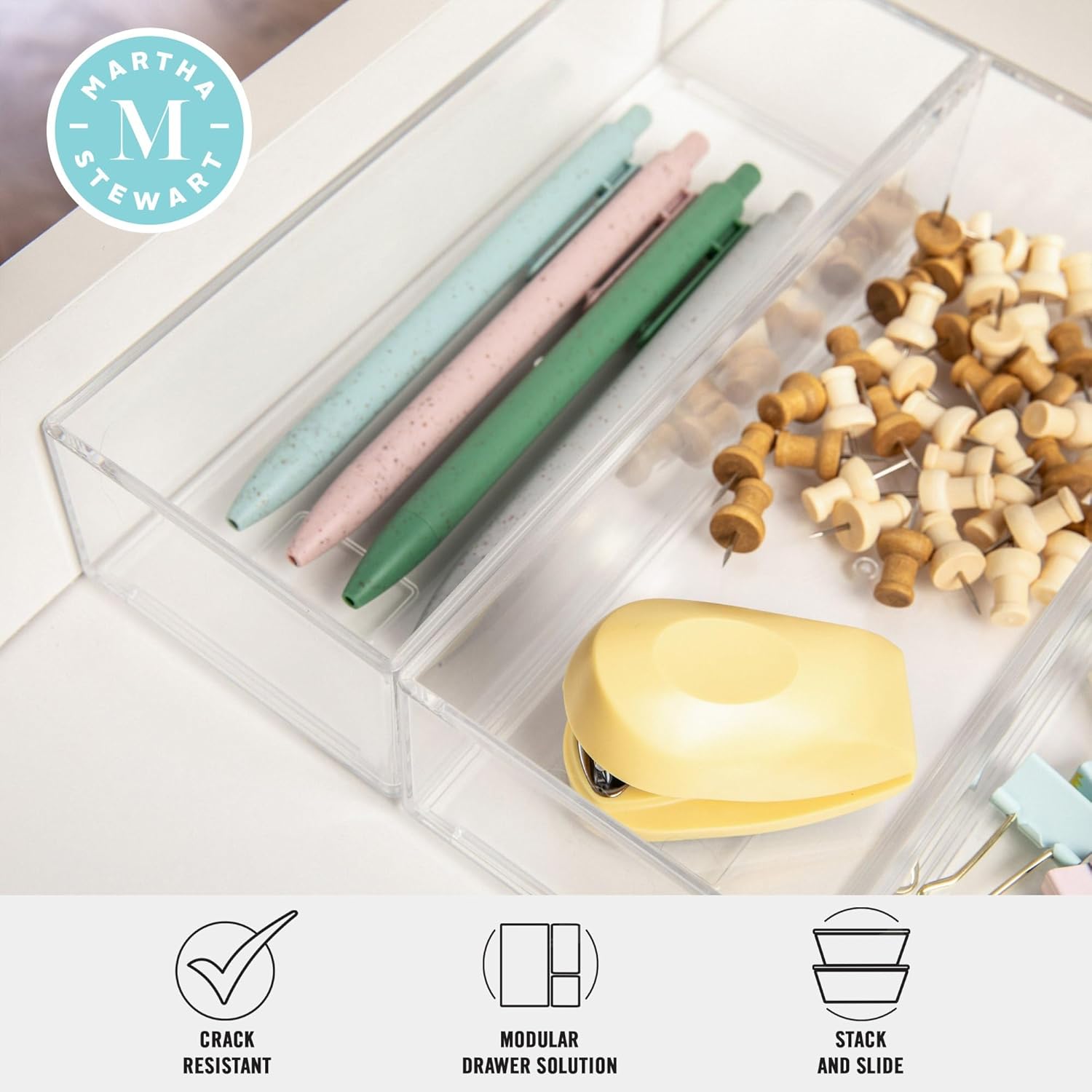 Martha Stewart Brody Stack & Slide Plastic Tray Desktop Organizer, Clear