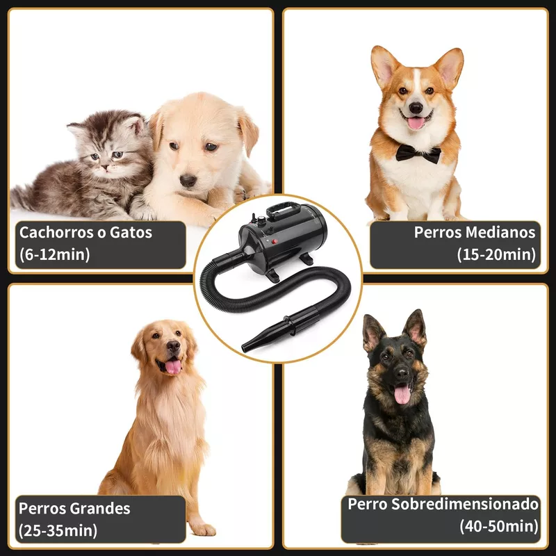 Soplador para Mascotas de 2000W, Secador de Pelo Canino con 4 Boquillas