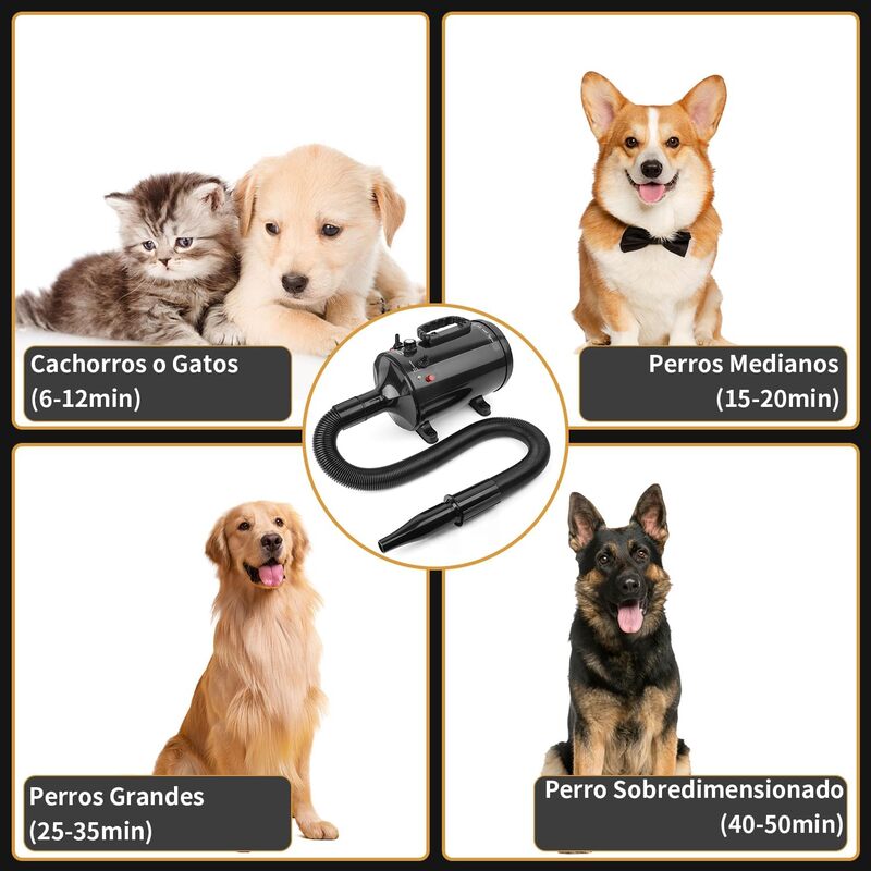 Soplador para Mascotas de 2000W, Secador de Pelo Canino con 4 Boquillas