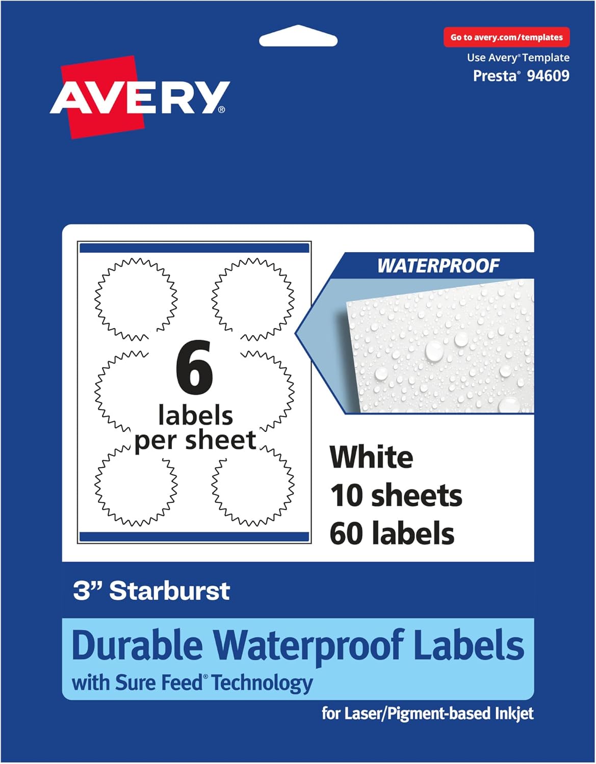 Avery Durable Waterproof Starburst Labels, Sure Feed Technology, 3"