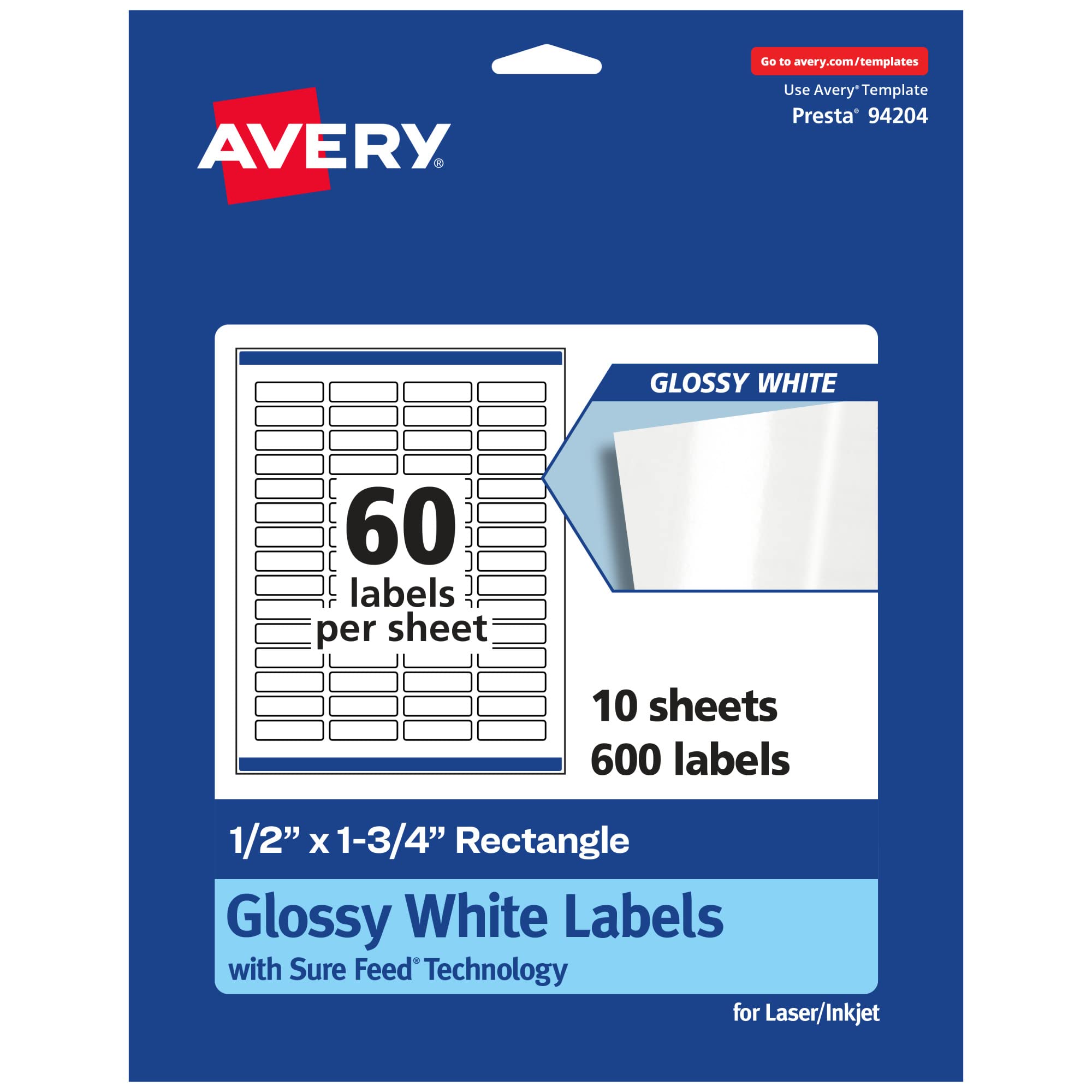 Avery Glossy White Rectangle Labels, Sure Feed Technology, 0.5 x 1.75 in, Print-to-The-Edge, Permanent Adhesive