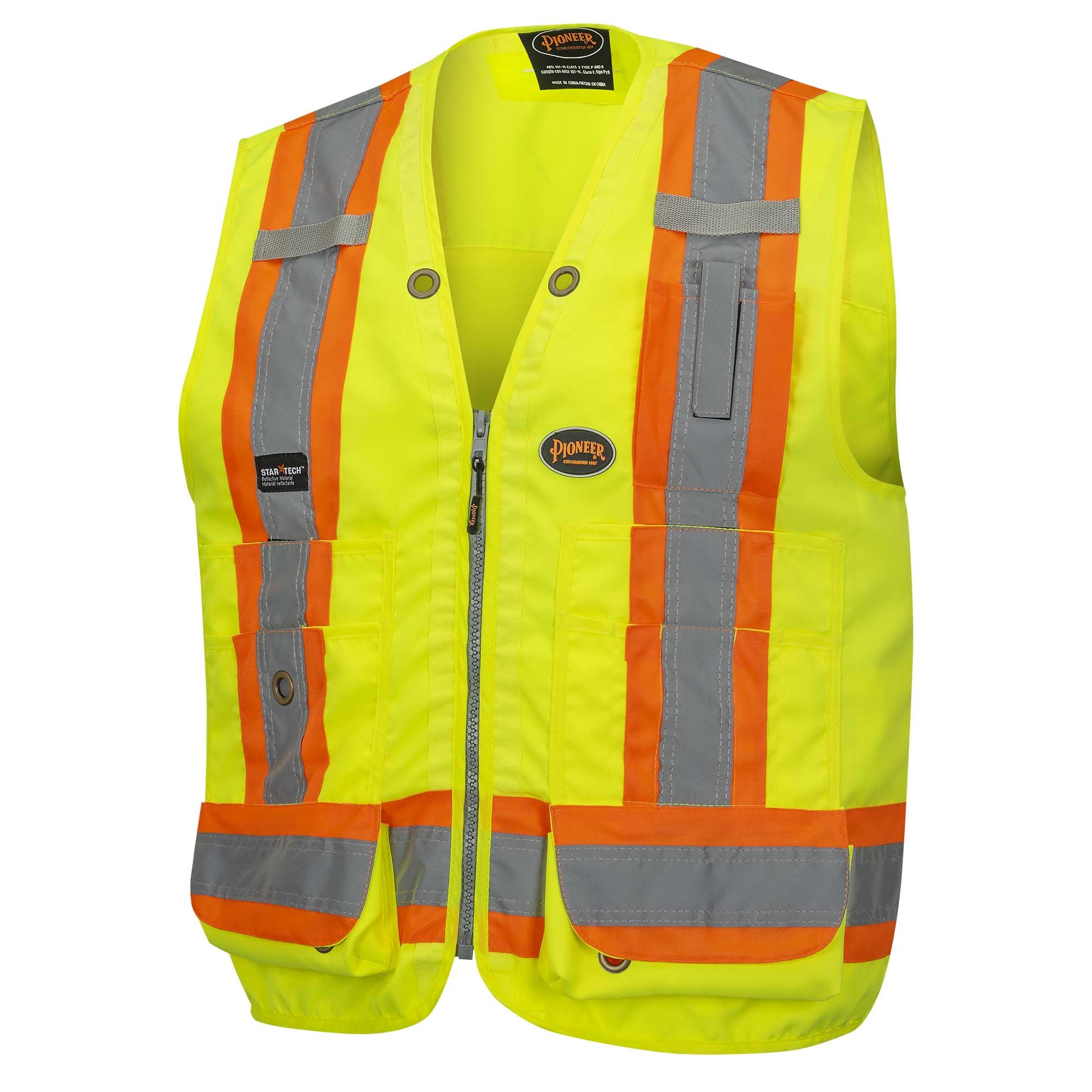 PIONEER Surveyor Safety Vest – Hi-Vis Reflective Woven 150D, 19 Pockets, Zipper