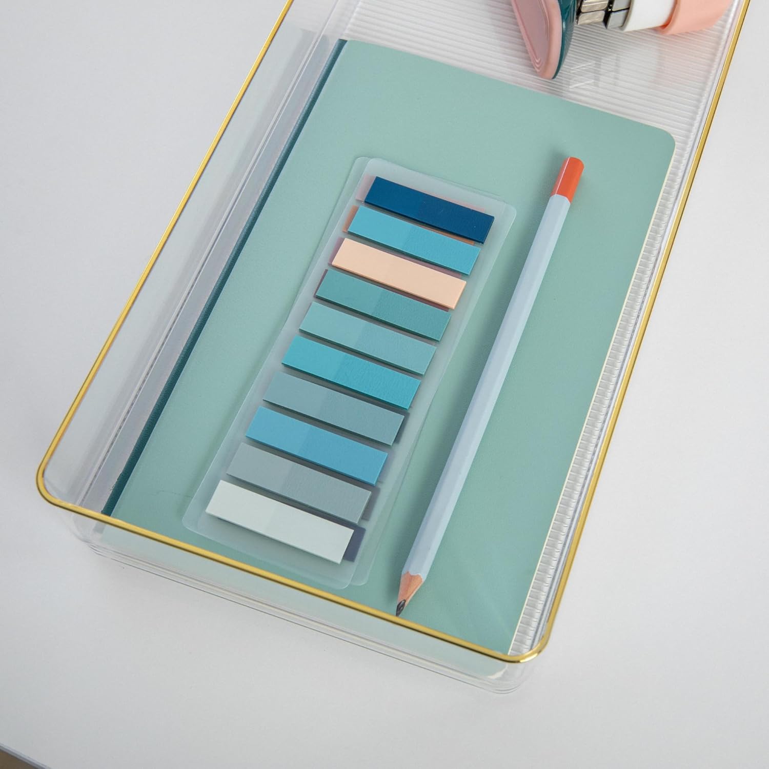 Martha Stewart Kerry Plastic Stackable Office Desk Drawer Organizers with Gold Trim