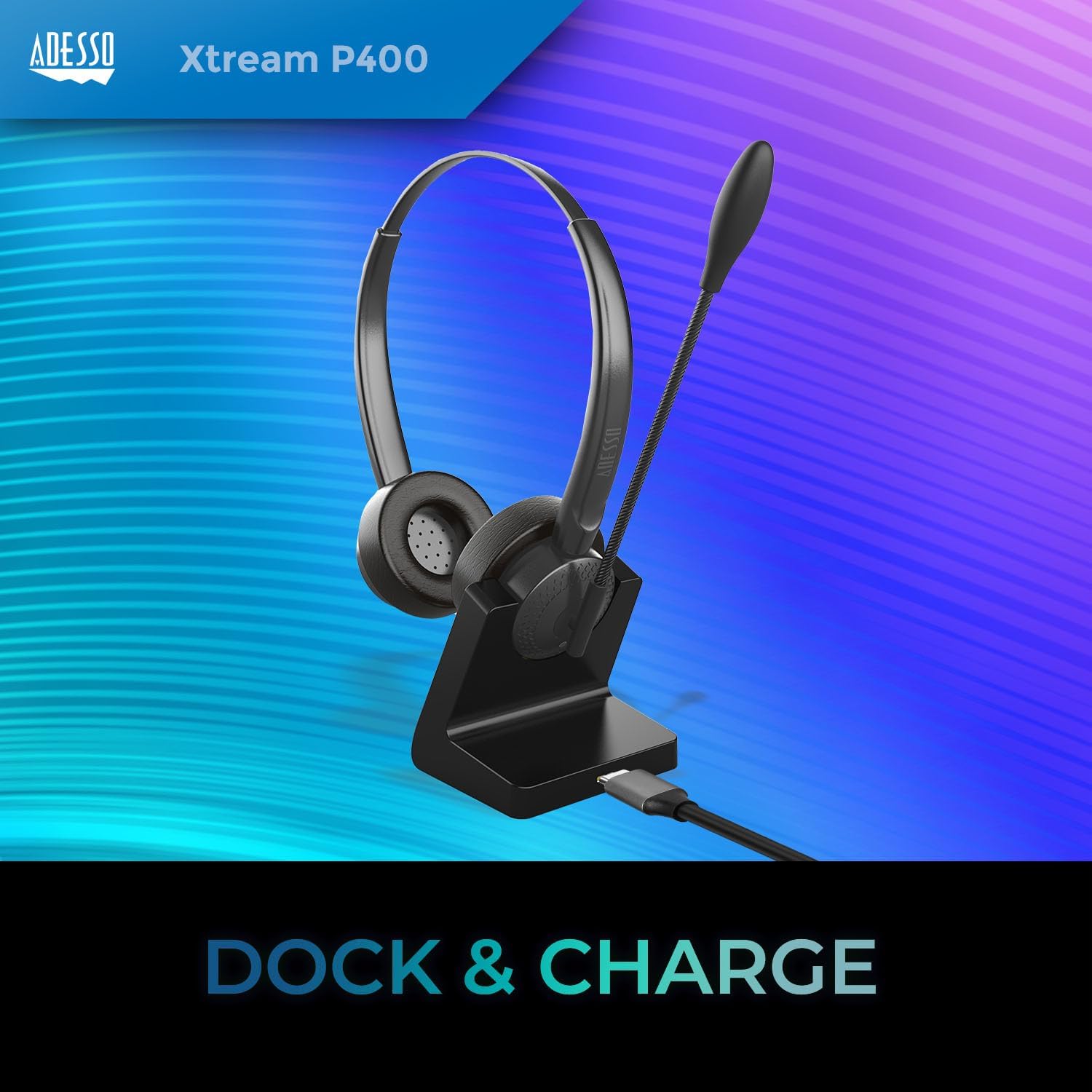 ADESSO Xtream P400 Wireless Multimedia Headset with Charging Dock - Bluetooth 5.0, 14Hrs Talk & Listen Time