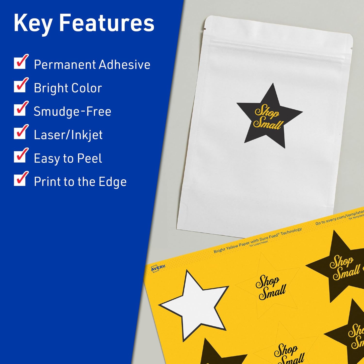 Avery Printable Star Labels, Sure Feed Technology, 2-1/4" x 2-3/8", Bright Yellow, 120