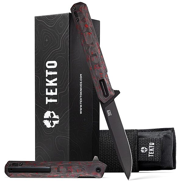 TEKTO F2 Bravo Folding Pocket Knife - D2 Steel Blade, Ceramic Ball Bearings - EDC - Snap, Swift Flip for Camping - 2.4oz (68g), Forged Ember Handle, Black Titanium Accents