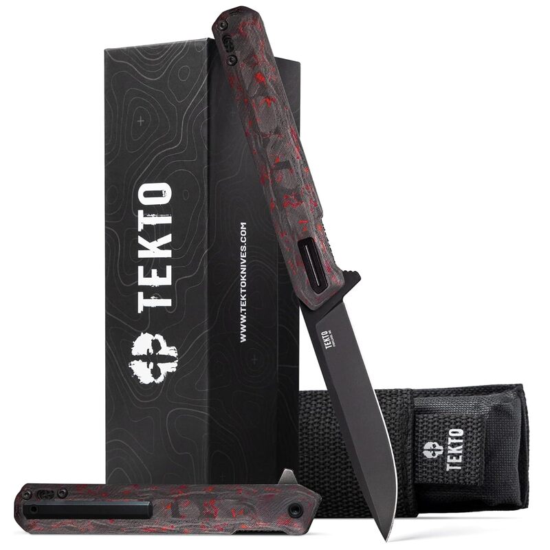 TEKTO F2 Bravo Folding Pocket Knife - D2 Steel Blade, Ceramic Ball Bearings - EDC - Snap, Swift Flip for Camping - 2.4oz (68g), Forged Ember Handle, Black Titanium Accents