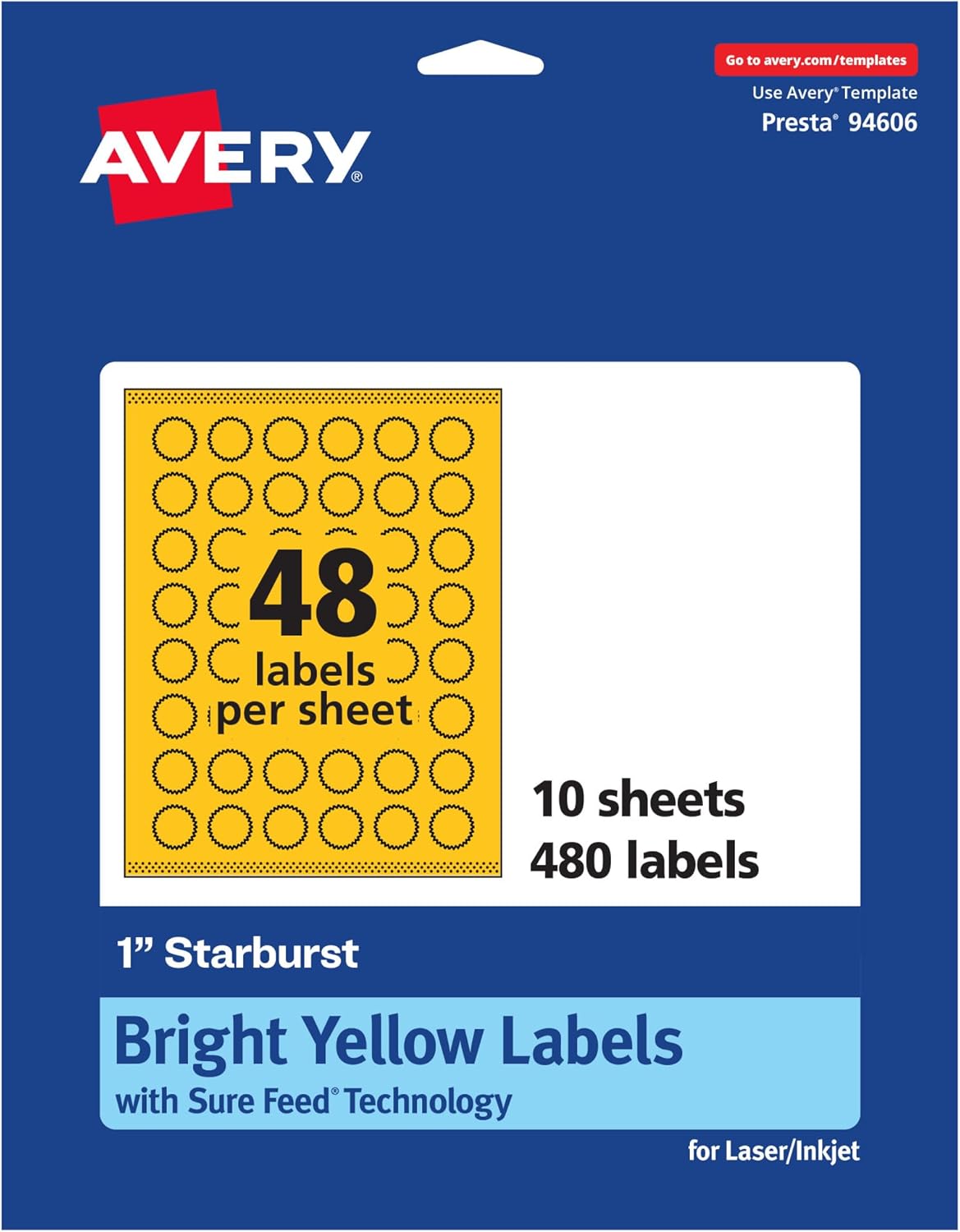 AVERY Printable Starburst Labels, Sure Feed Technology, 1" Bright Yellow, Print-to-the-Edge, Laser/Inkjet