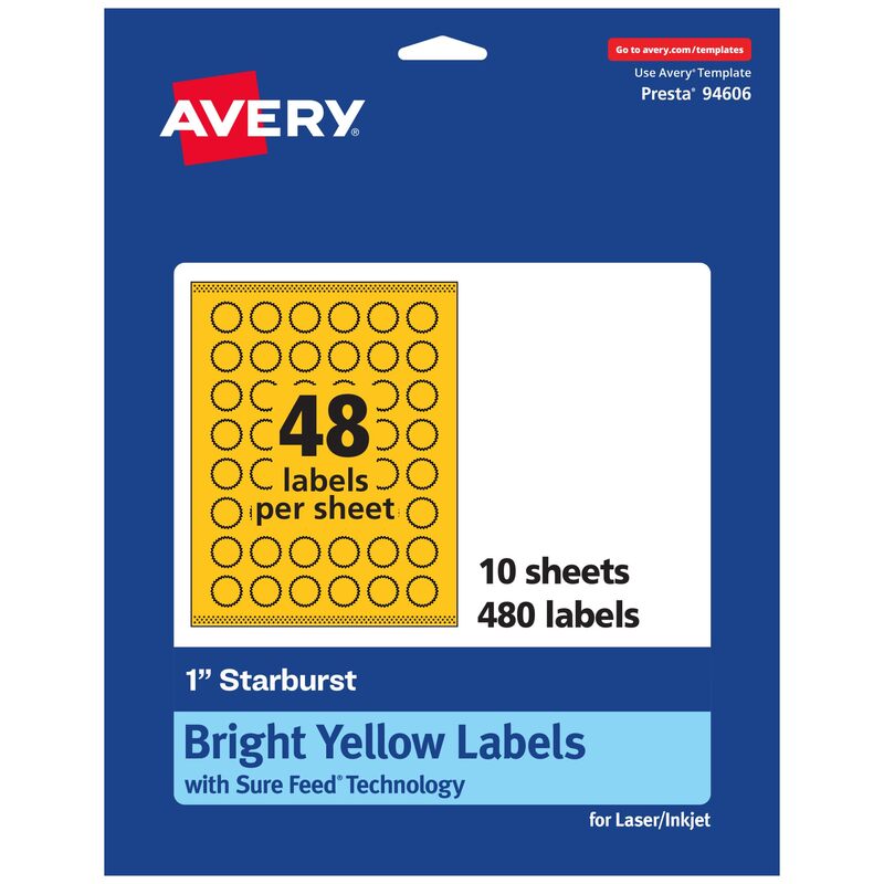 AVERY Printable Starburst Labels, Sure Feed Technology, 1" Bright Yellow, Print-to-the-Edge, Laser/Inkjet