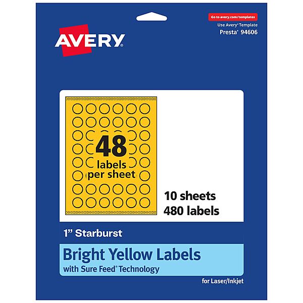 AVERY Printable Starburst Labels, Sure Feed Technology, 1" Bright Yellow, Print-to-the-Edge, Laser/Inkjet