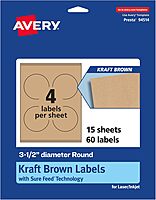 Avery Kraft Brown Round Labels, Sure Feed Technology, 3.5" Diameter, 60 Kraft Brown Labels, Print-to-The-Edge, Laser/Inkjet Printable 60 labels