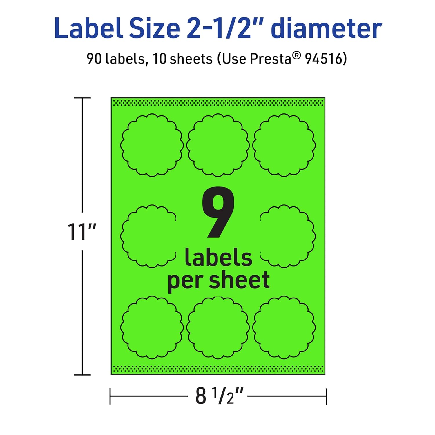 Avery Printable Round Scalloped Labels, Sure Feed Technology, 2.5" Diameter, Neon Green, Print-to-The-Edge