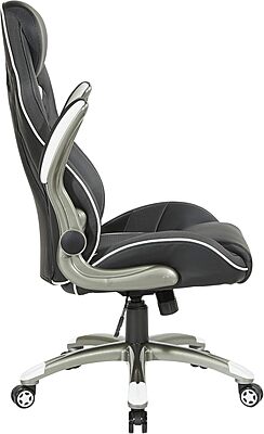 OSP Home Furnishings Xplorer 51 Ergonomic Adjustable High Back Gaming Chair with Lumbar Support and Padded Flip Arms, Black Faux Leather with White Trim