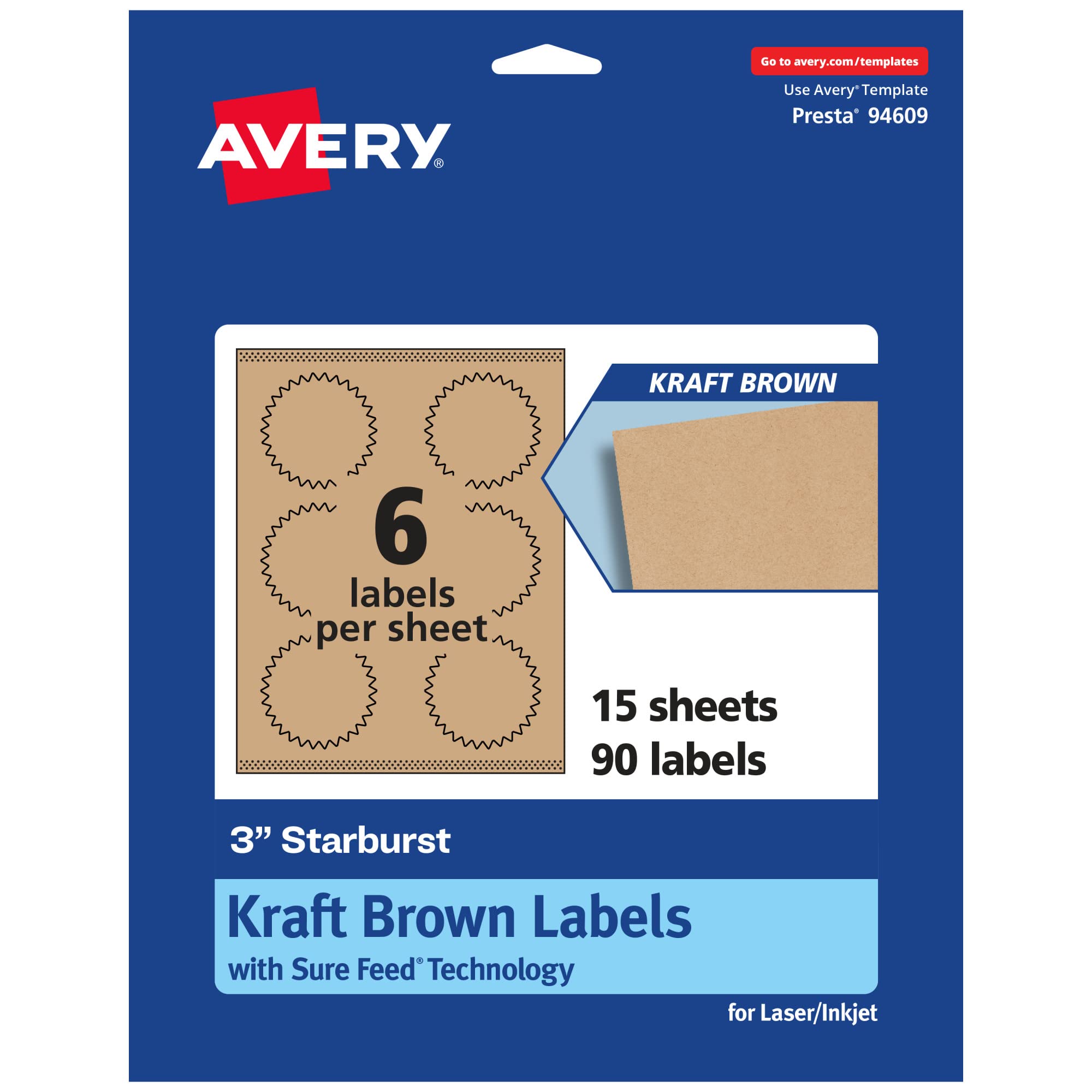 Avery Kraft Brown Starburst Labels, Sure Feed Technology, 3", Print-to-The-Edge, Laser/Inkjet Printable