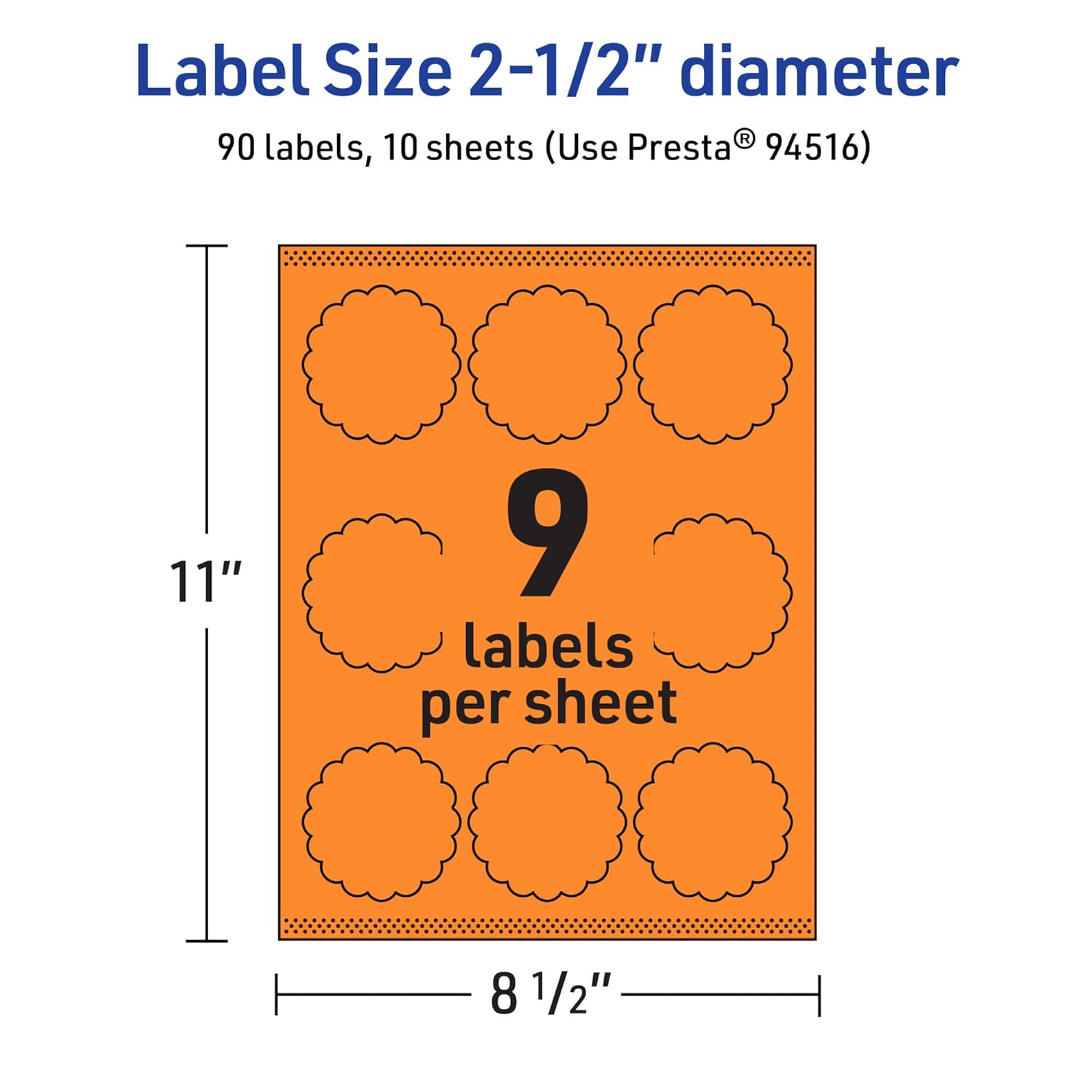 Avery Printable Round Scalloped Labels, Sure Feed Technology, 2-1/2" Diameter, Bright Orange Labels, Print-to-The-Edge