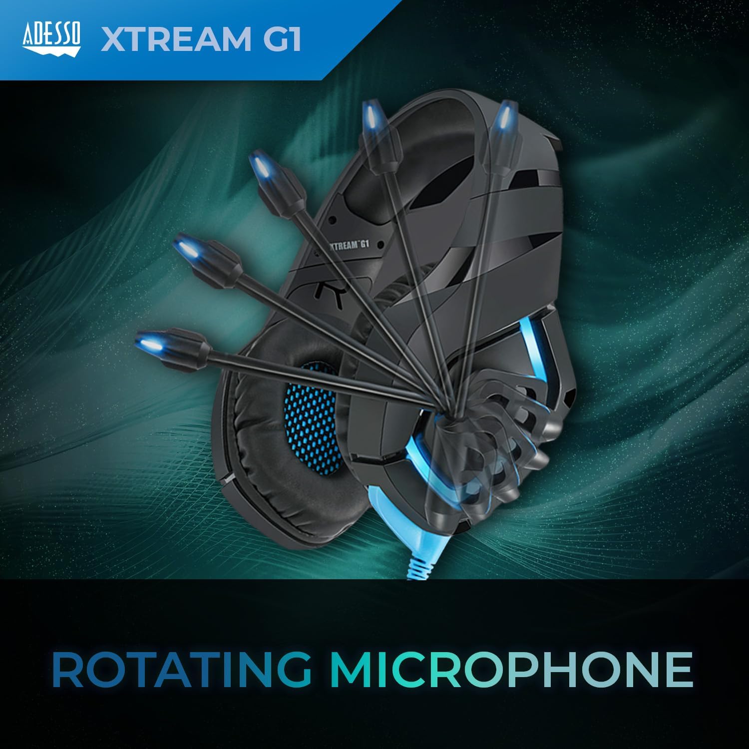 ADESSO Xtream Gaming Headset with 50 mm Drivers, Noise Cancelling Microphone and LED Lighting