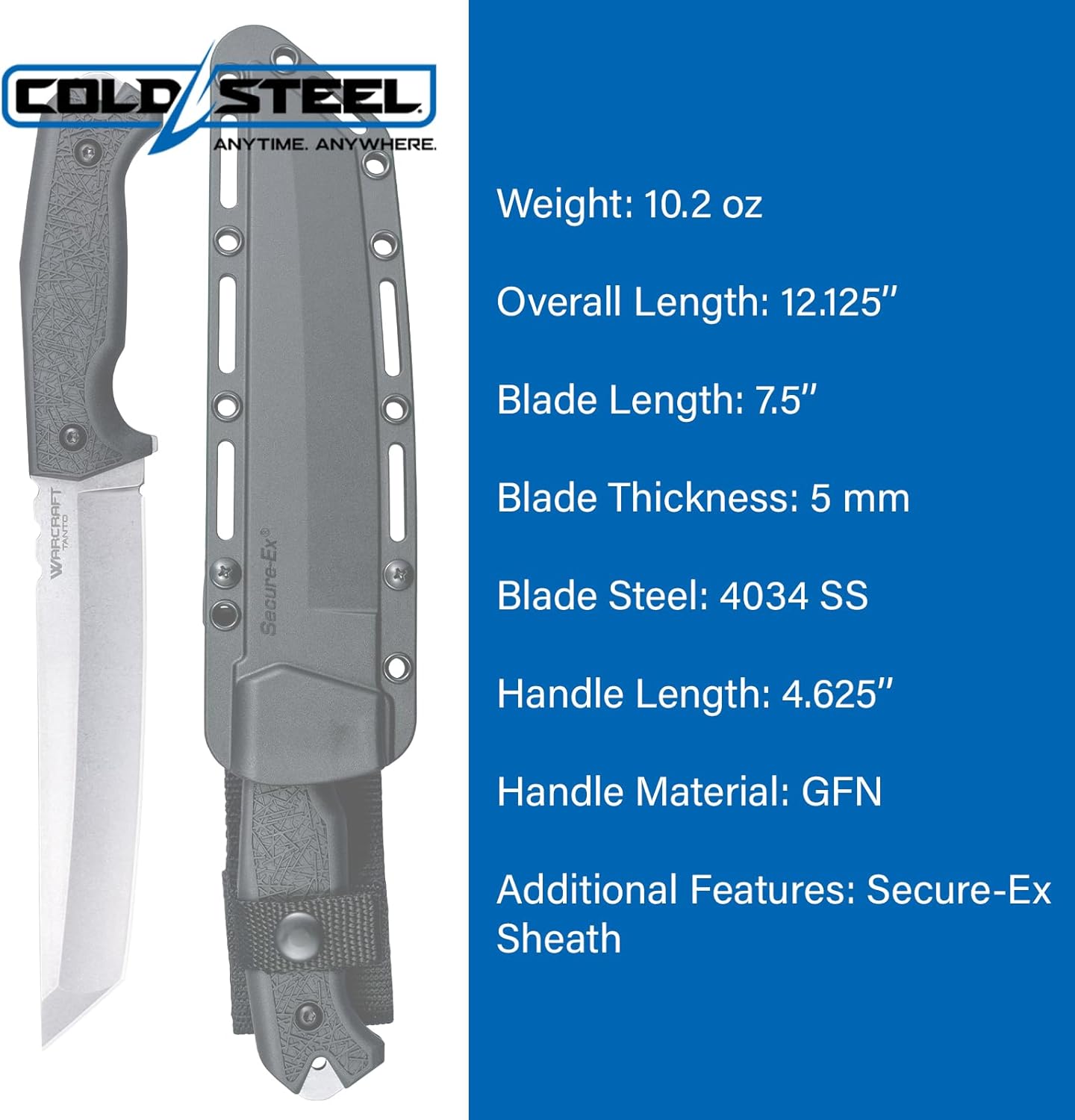 Cold Steel Warcraft Tanto 4034SS Fixed Blade Knife with GFN Handle and Secure-Ex Sheath