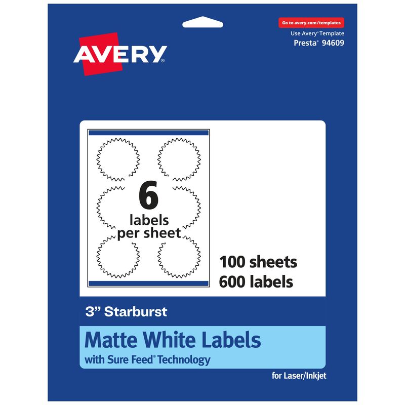 Avery Matte White Starburst Labels, Sure Feed Technology, 3"