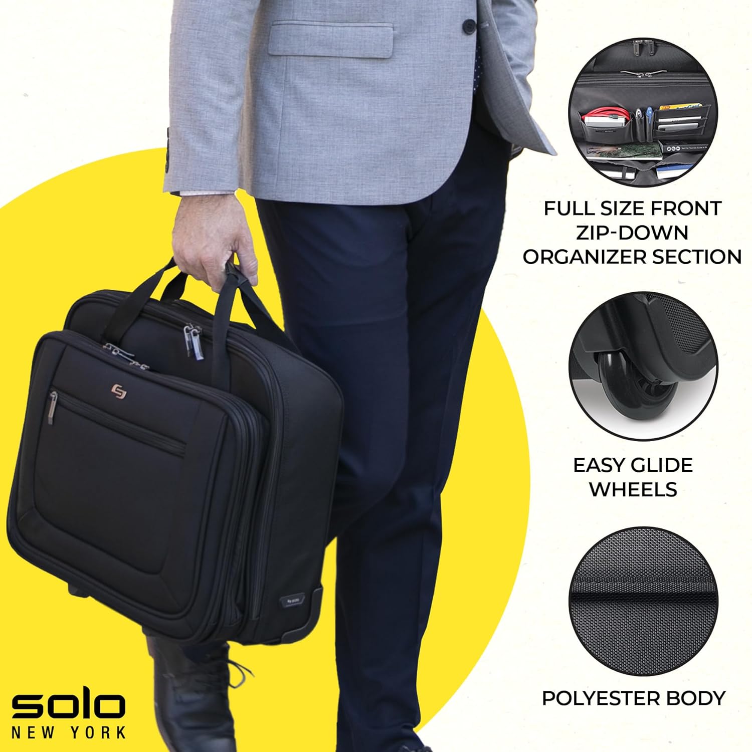 Solo New York Rolling Case with Wheels - Roller Laptop Bag, Wheeled Briefcase for Women & Men, Carry On Size for Travel