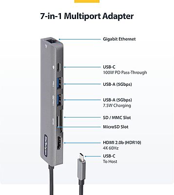 StarTech.com USB-C Multiport Adapter Hub, USB-C to 4K 60Hz HDMI, Gigabit Ethernet and 100W Charging for MacBook Pro/Air and Windows