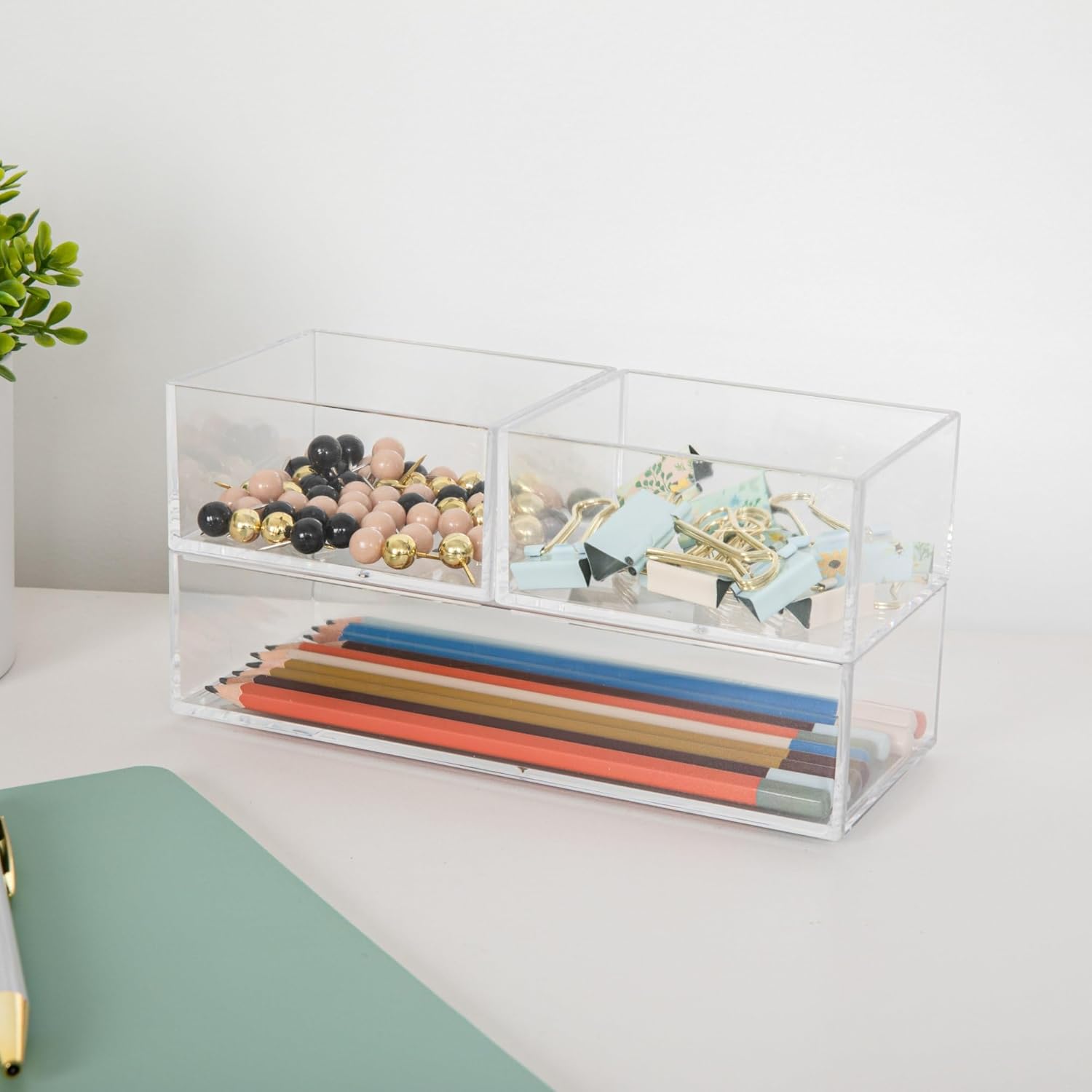 Martha Stewart Brody Stack & Slide Plastic Tray Desktop Organizer, Clear
