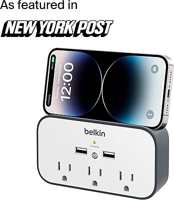 Belkin Wall Surge Protector - 3 Outlet w/ 2 USB Ports Mount with Premium Protection Against Surges Safe Charge for Mobile