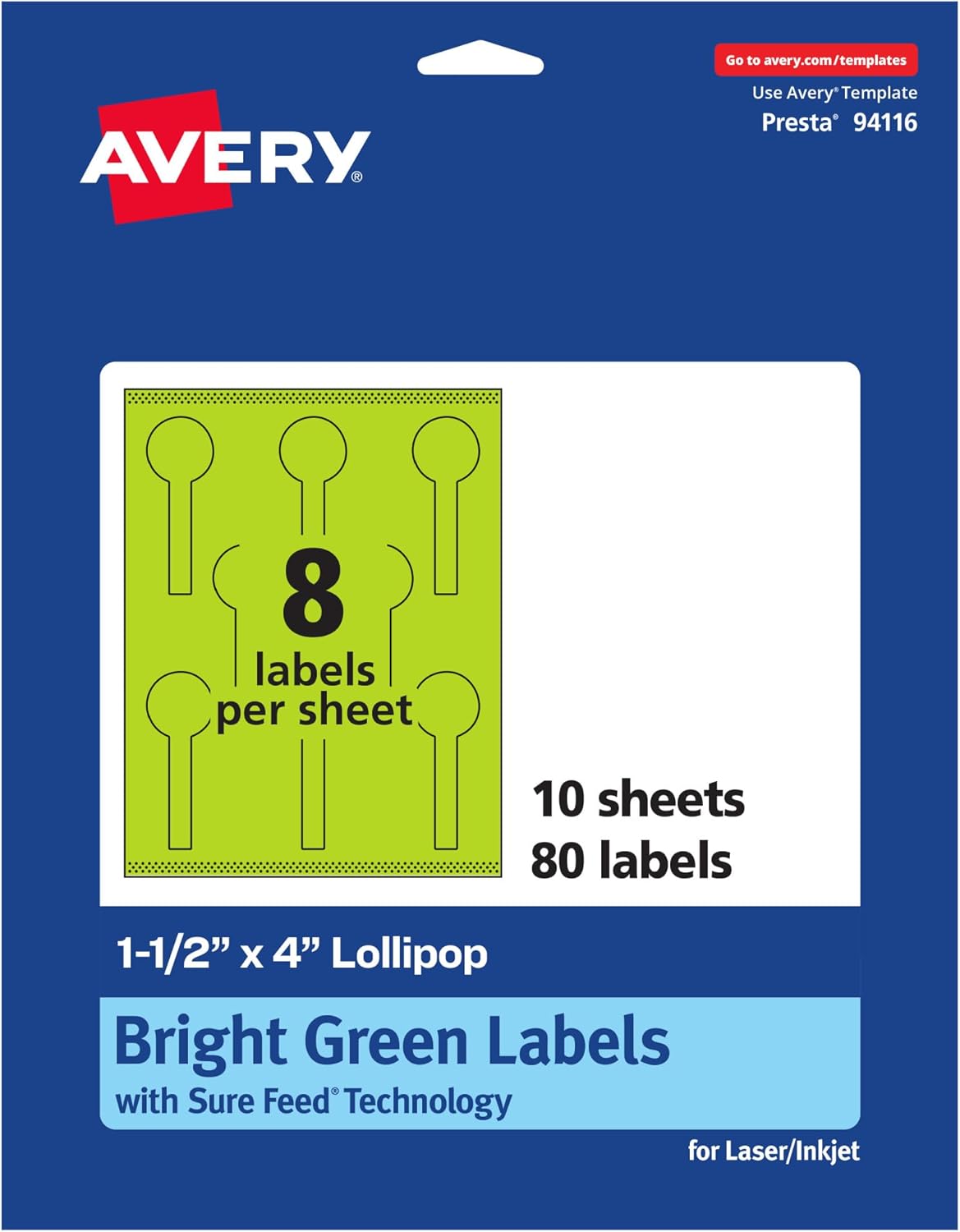 AVERY Printable Lollipop Labels, Sure Feed Technology, 1-1/2" x 4", Bright Green, Print-to-the-Edge, Laser/Inkjet Printable