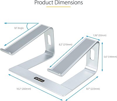 StarTech.com Laptop Stand for Desk, Supports 5kg/11lb, Aluminum, Silver, Ergonomic Laptop Riser, Portable Laptop Holder, Computer Stand for MacBook Air/Pro, Dell XPS, Lenovo (Laptop-Stand-Silver)