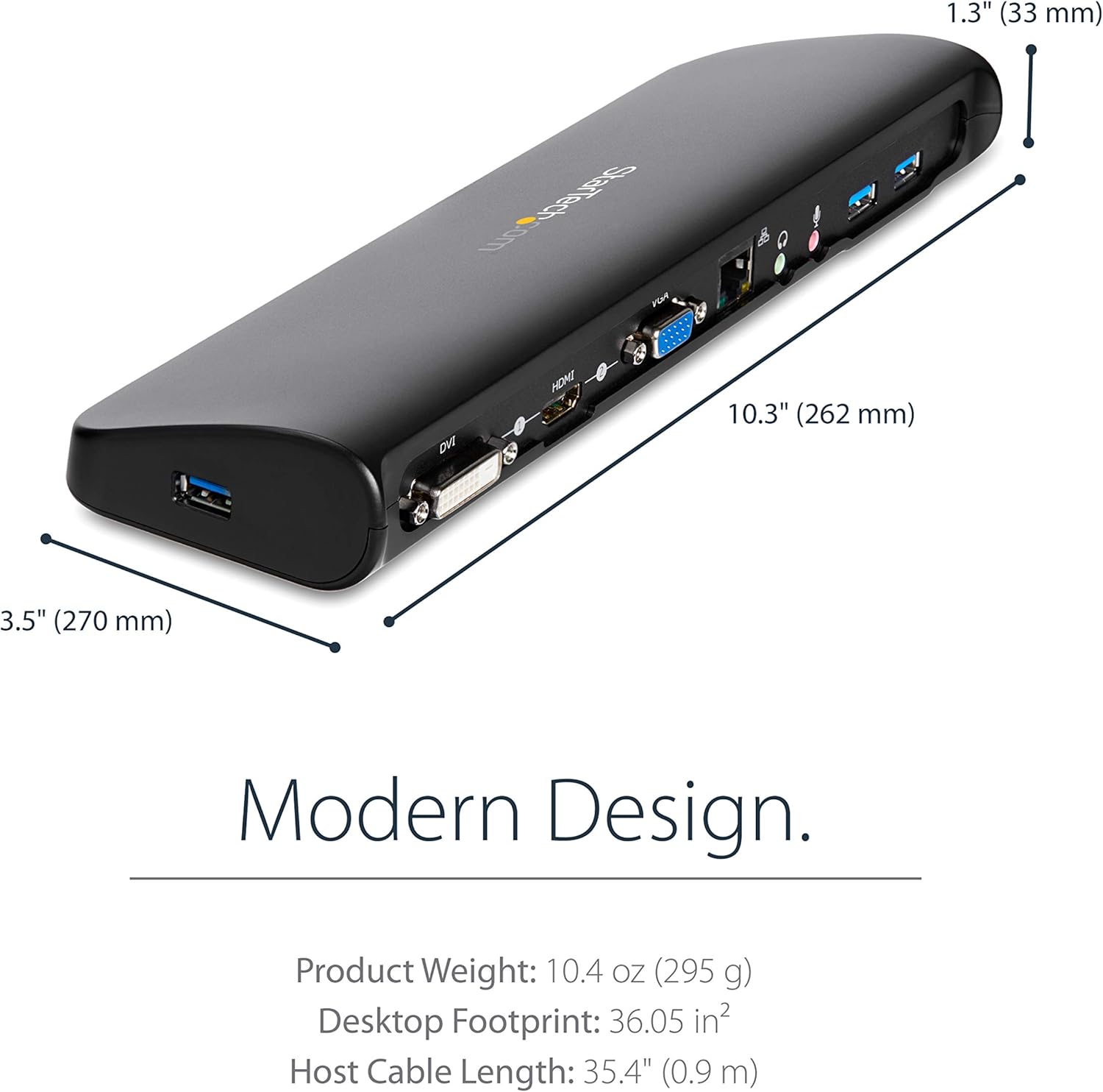 StarTech.com Dual Monitor USB 3.0 Laptop Docking Station with HDMI/DVI/VGA, 3x USB-A Hub, GbE, Audio