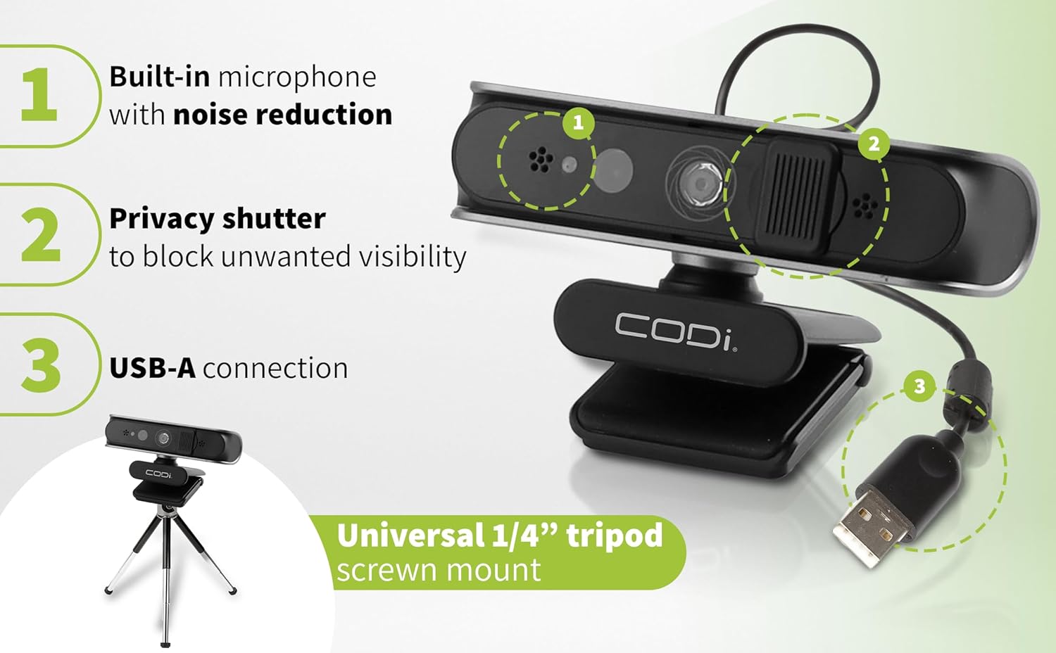 CODi Allocco HD 1080P Windows Hello Webcam with IR Facial Recognition & Noise-Canceling Mic – Autofocus, USB-A, Tripod Mount