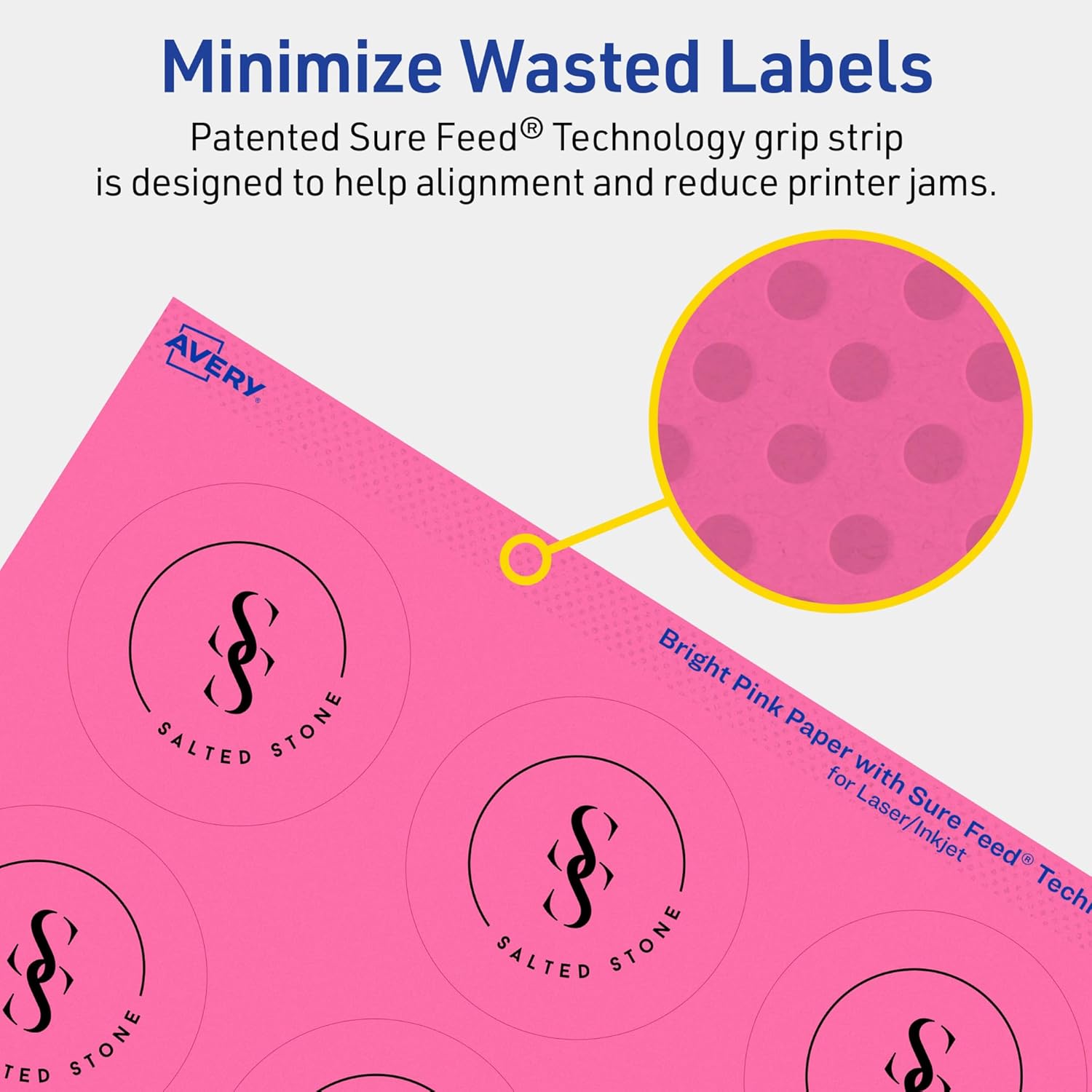 AVERY Printable Round Labels, Sure Feed Technology, 2-1/4" Diameter, Bright Pink, Print-to-the-Edge, Laser/Inkjet Printable