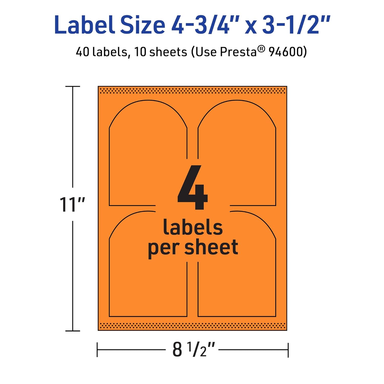 Avery Printable Arched Labels, Sure Feed Technology, 4-3/4" x 3-1/2", Bright Orange, Print-to-The-Edge