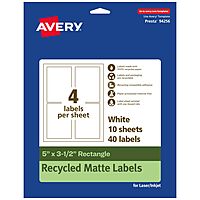 Avery EcoFriendly Matte White Recycled Rectangle Labels, 5" x 3.5", Permanent Adhesive, Laser/Inkjet Printable