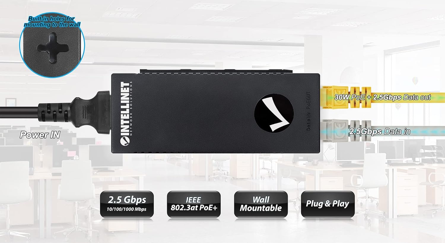 Intellinet 2.5G PoE+ Injector – 2.5Gbps & 30W Power Over Ethernet Output, Supports Distances Up to 328ft