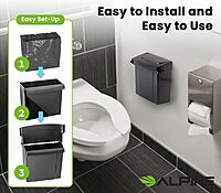 Alpine Sanitary Napkin Receptacle 2 Pack - Feminine Hygiene Disposal Container, Wall Mounted Trash Can with Odor Control Seal & Installation Hardware, 4 Litter, ABS Plastic (Black)