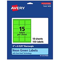 Avery Printable Rectangle Labels, Sure Feed Technology, 2" x 2-5/8", Neon Green Labels, Laser/Inkjet Printable, 150 Total