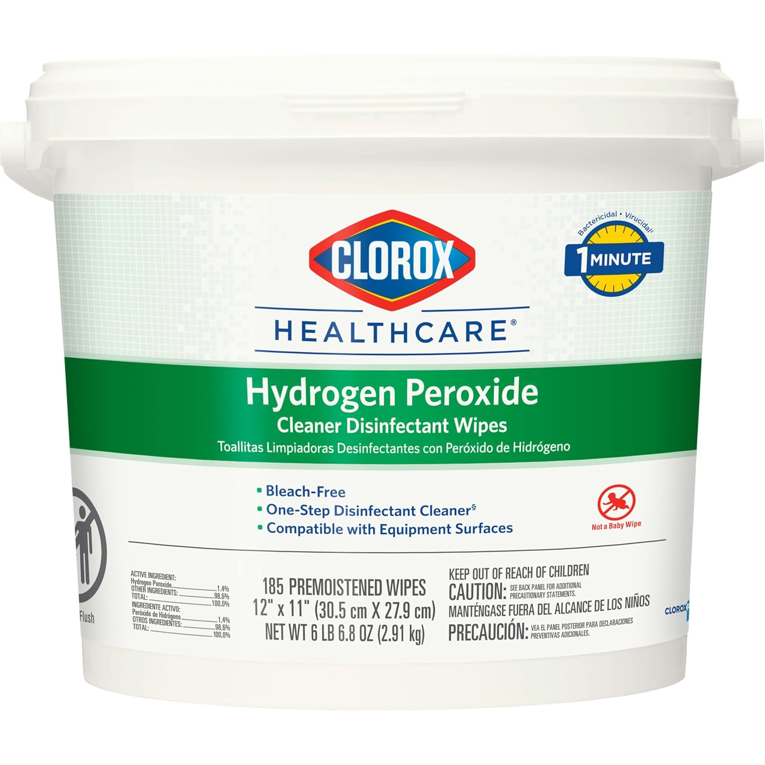 Clorox Healthcare Hydrogen Peroxide Cleaner Disinfectant Wipes, 12" x 11", Bucket, 185 Count (Package May Vary)